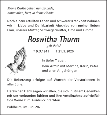 Traueranzeige von Roswitha Thurm von Pohlheimer Nachrichten