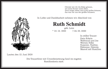 Traueranzeige von Ruth Schmidt von Heimatzeitung Grünberg + Laubach