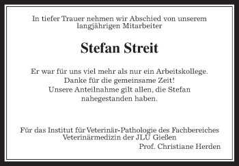 Traueranzeige von Stefan Streit von Giessener Allgemeine, Alsfelder Allgemeine