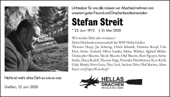 Traueranzeige von Stefan Streit von Giessener Allgemeine, Alsfelder Allgemeine