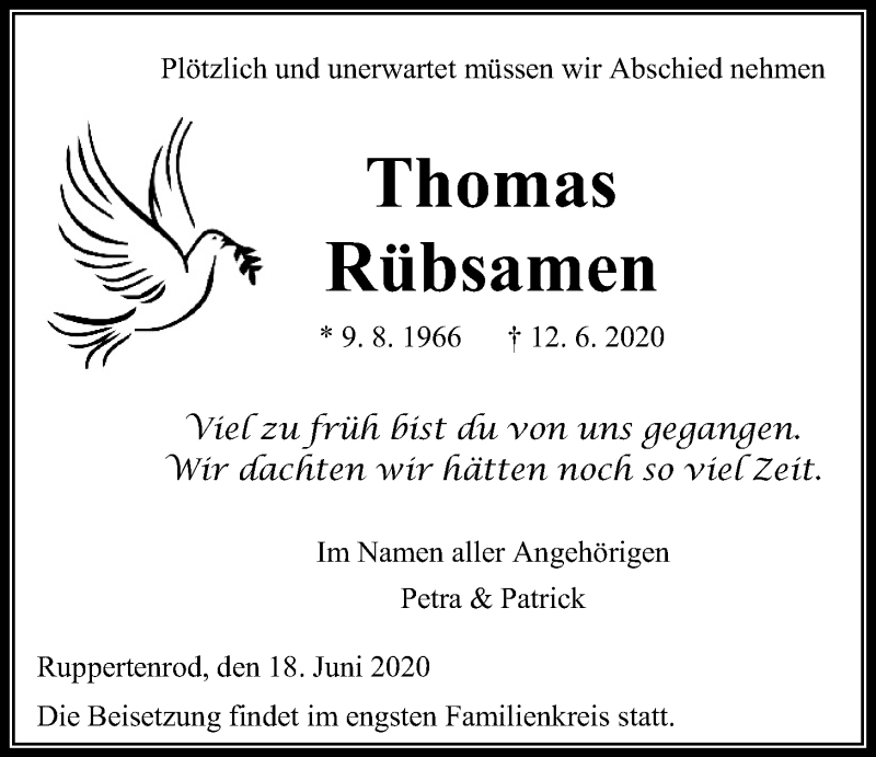  Traueranzeige für Thomas Rübsamen vom 18.06.2020 aus Mücker Stimme