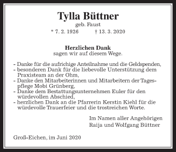 Traueranzeige von Tylla Büttner von Alsfelder Allgemeine