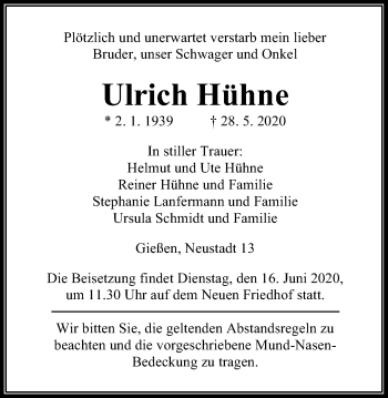 Traueranzeige von Ulrich Hühne von Giessener Allgemeine, Alsfelder Allgemeine