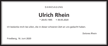 Traueranzeige von Ulrich Rhein von Wetterauer Zeitung