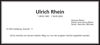 Traueranzeige von Ulrich Rhein von Wetterauer Zeitung