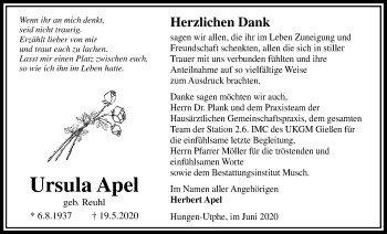Traueranzeige von Ursula Apel von Licher Wochenblatt