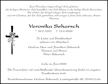 Traueranzeige von Veronika Seharsch von Licher Wochenblatt