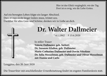 Traueranzeige von Walter Dallmeier von Giessener Allgemeine, Alsfelder Allgemeine