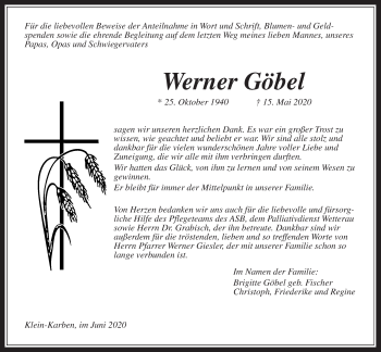 Traueranzeige von Werner Göbel von Wetterauer Zeitung