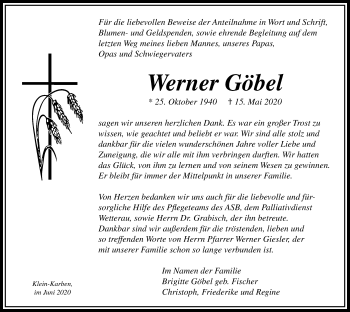 Traueranzeige von Werner Göbel von Bad Vilbel/Karben