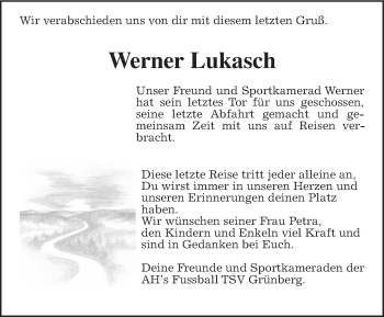 Traueranzeige von Werner Lukasch von Giessener Allgemeine, Alsfelder Allgemeine