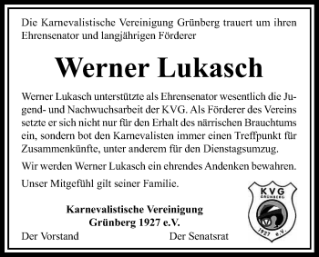 Traueranzeige von Werner Lukasch von Heimatzeitung Grünberg + Laubach