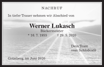 Traueranzeige von Werner Lukasch von Giessener Allgemeine, Alsfelder Allgemeine