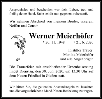 Traueranzeige von Werner Meierhöfer von Giessener Allgemeine, Alsfelder Allgemeine