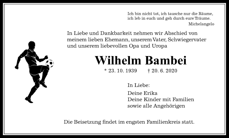  Traueranzeige für Wilhelm Bambei vom 27.06.2020 aus Wetterauer Zeitung