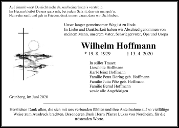 Traueranzeige von Wilhelm Hoffmann von Heimatzeitung Grünberg + Laubach