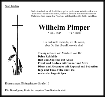 Traueranzeige von Wilhelm Pimper von Giessener Allgemeine, Alsfelder Allgemeine