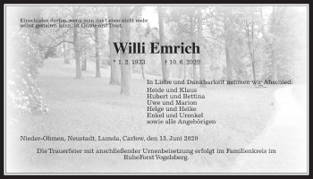 Traueranzeige von Willi Emrich von Alsfelder Allgemeine