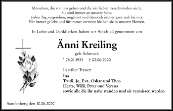Traueranzeige von Änni Kreiling von Giessener Allgemeine, Alsfelder Allgemeine