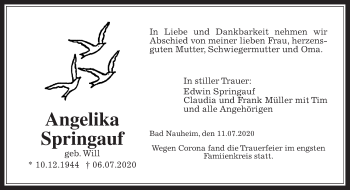 Traueranzeige von Angelika Springauf von Wetterauer Zeitung
