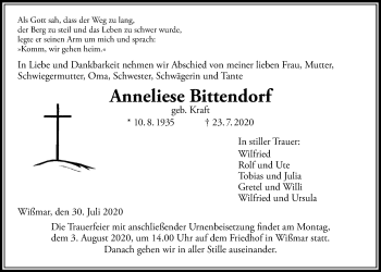 Traueranzeige von Anneliese Bittendorf von Giessener Allgemeine, Alsfelder Allgemeine