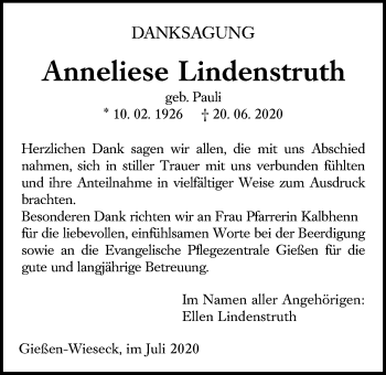 Traueranzeige von Anneliese Lindenstruth von Giessener Allgemeine, Alsfelder Allgemeine