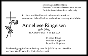Traueranzeige von Anneliese Ringeisen von Bad Vilbel/Karben