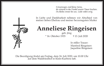 Traueranzeige von Anneliese Ringeisen von Wetterauer Zeitung