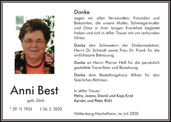 Traueranzeige von Anni Best von Giessener Allgemeine, Alsfelder Allgemeine