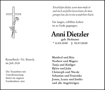 Traueranzeige von Anni Dietzler von Giessener Allgemeine, Alsfelder Allgemeine