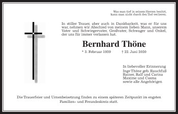 Traueranzeige von Bernhard Thöne von Wetterauer Zeitung