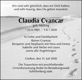 Traueranzeige von Claudia Cvancar von Giessener Allgemeine, Alsfelder Allgemeine