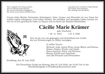 Traueranzeige von Cäcilie Marie Krämer von Wetterauer Zeitung