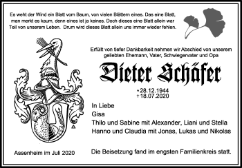 Traueranzeige von Dieter Schäfer von Wetterauer Zeitung