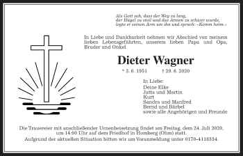 Traueranzeige von Dieter Wagner von Alsfelder Allgemeine