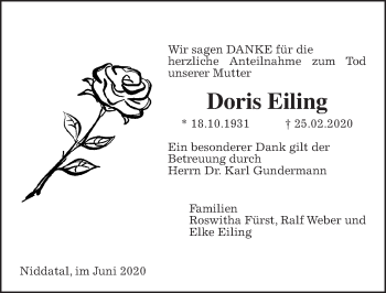 Traueranzeige von Doris Eiling von Wetterauer Zeitung