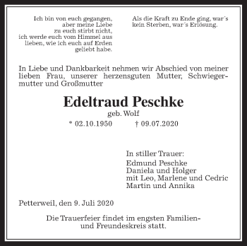 Traueranzeige von Edeltraud Peschke von Wetterauer Zeitung