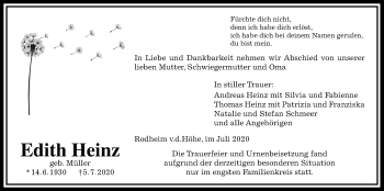 Traueranzeige von Edith Heinz von Wetterauer Zeitung