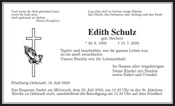 Traueranzeige von Edith Schulz von Wetterauer Zeitung