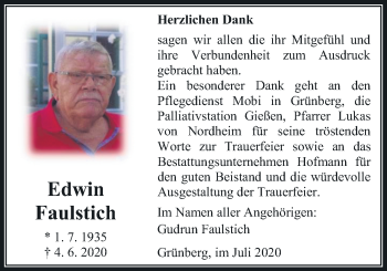 Traueranzeige von Edwin Faulstich von Giessener Allgemeine, Alsfelder Allgemeine