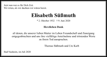 Traueranzeige von Elisabeth Süßmuth von Wetterauer Zeitung