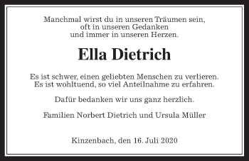 Traueranzeige von Ella Dietrich von Giessener Allgemeine, Alsfelder Allgemeine