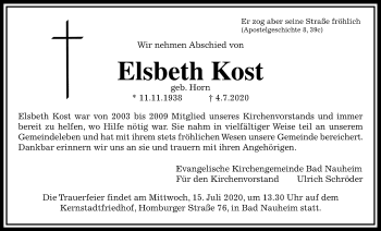 Traueranzeige von Elsbeth Kost von Wetterauer Zeitung
