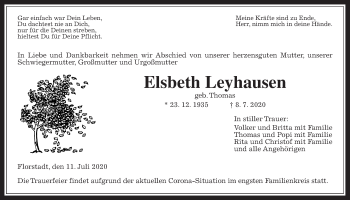 Traueranzeige von Elsbeth Leyhausen von Wetterauer Zeitung