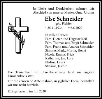 Traueranzeige von Else Schneider von Licher Wochenblatt