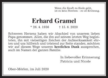 Traueranzeige von Erhard Gramel von Wetterauer Zeitung