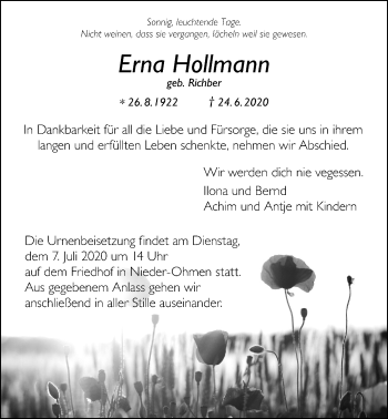Traueranzeige von Erna Hollmann von Giessener Allgemeine, Alsfelder Allgemeine