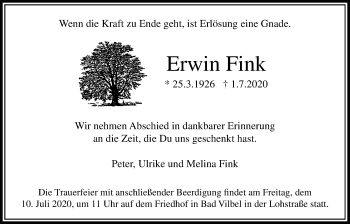 Traueranzeige von Erwin Fink von Bad Vilbel/Karben