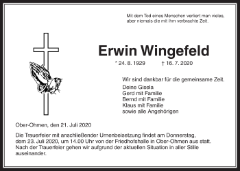 Traueranzeige von Erwin Wingefeld von Alsfelder Allgemeine
