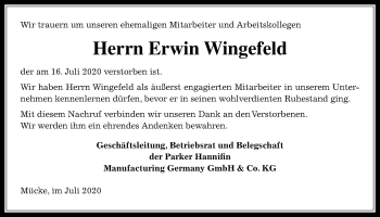 Traueranzeige von Erwin Wingefeld von Alsfelder Allgemeine
